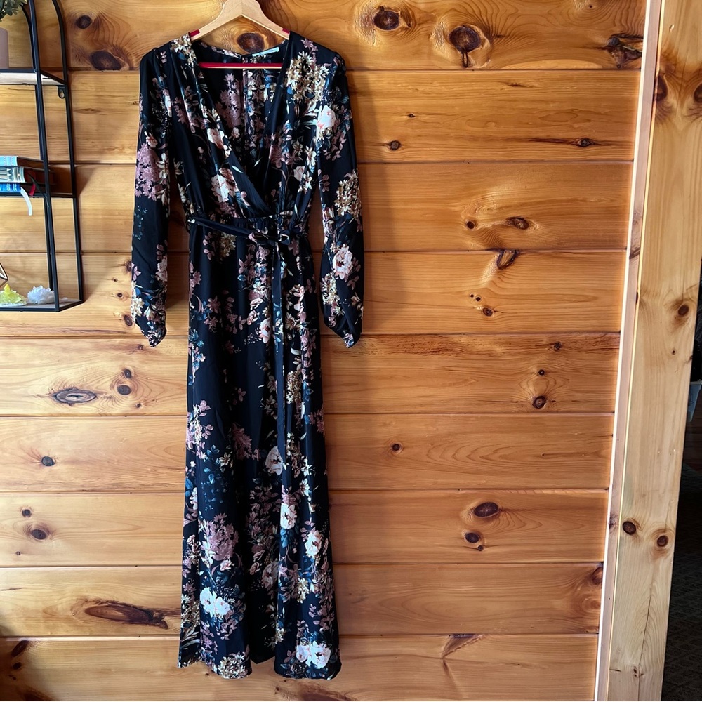 Floral Maxi Wrap Dress - Long-sleeve with keyhole back